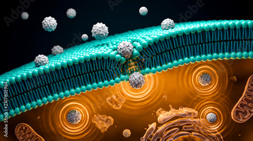 Teal cell membrane grey nanoplastics penetrating amber interior disruption dark, nanoplastic toxicology