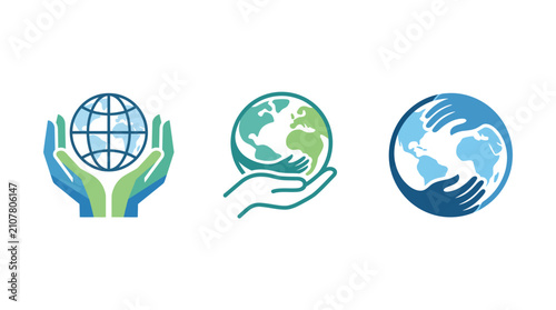 Set of human hands holding the earth globe icons for environment and charity Vector