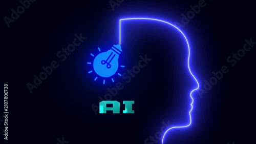 Artificial intelligence concept featuring neon human head and glowing light bulb for future technology