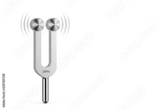 Vibrating Tuning Fork Emitting Sound Waves on White Background.