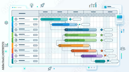 Gantt chart displays a detailed project management timeline with colorful progress bars and milestone markers to help teams organize complex workflows and track task completion status effectively.