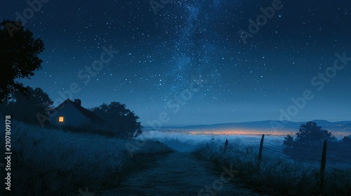 Atmospheric digital art quiet countryside dusk scene, dirt path leading from bottom center into distance, blueish green grass wire fence and silhouette trees framing view, solitary house left with war