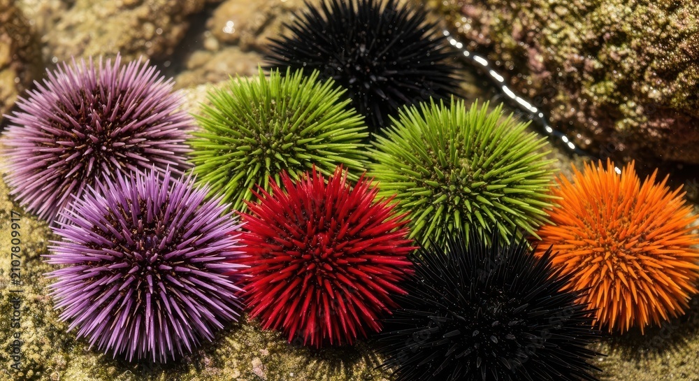 Fototapeta premium Colorful Sea Urchins Clustered on Rocky Seabed