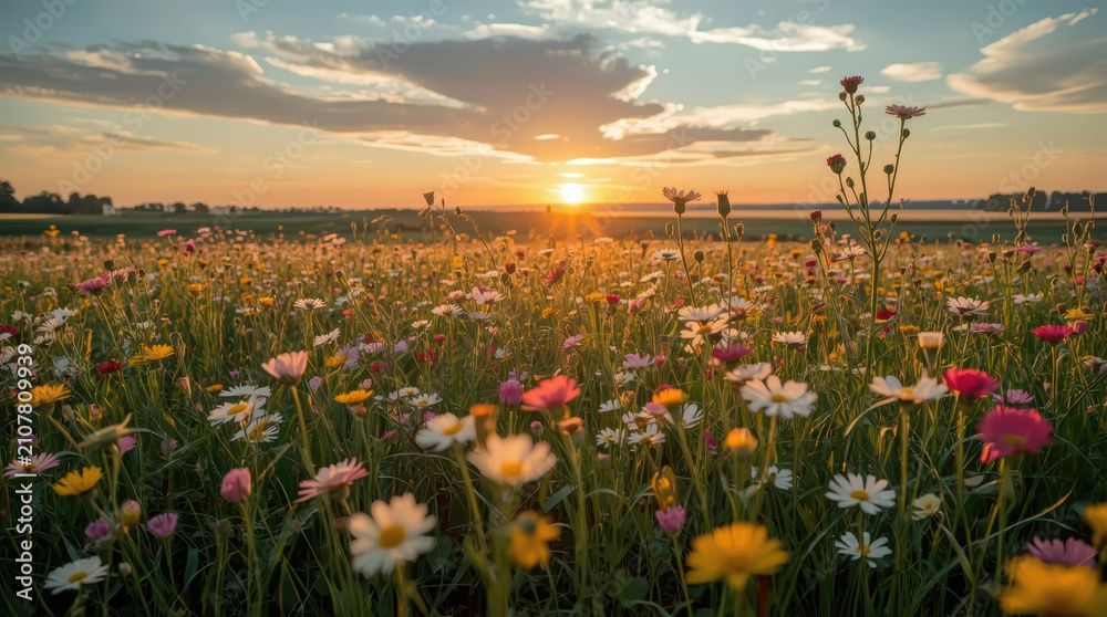 Obraz premium Colorful wildflower meadow glowing at sunrise with warm light and peaceful mood