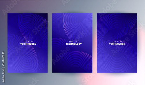 Abstract blue digital technology cover template set with futuristic overlapping circular neon lines, purple cyber network poster background, A4 brochure layout for business report presentation.
