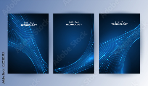 Abstract blue digital technology cover template set with futuristic glowing plexus network wave lines, cyber polygon poster background, A4 brochure layout for AI science business report presentation.