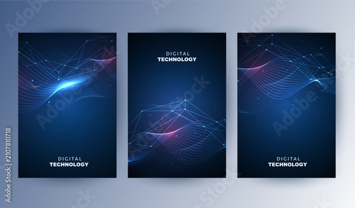 Abstract blue digital technology cover template set with futuristic glowing curved wave lines, cyan light flow poster background, A4 brochure layout for cyber network science business presentation.
