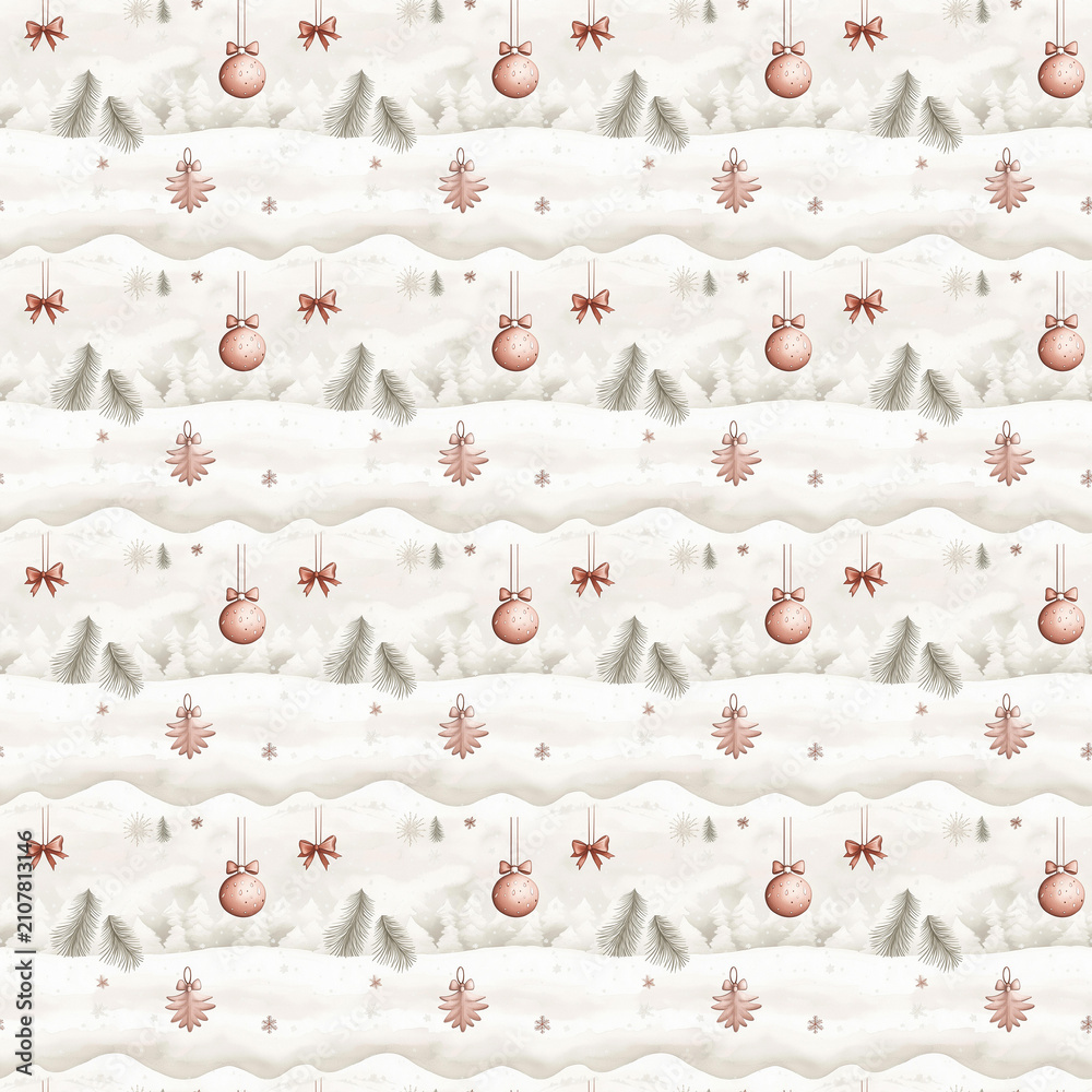 Obraz premium Watercolour Christmas illustration. Seamless pattern featuring trees and snowflakes. Nordic winter style.