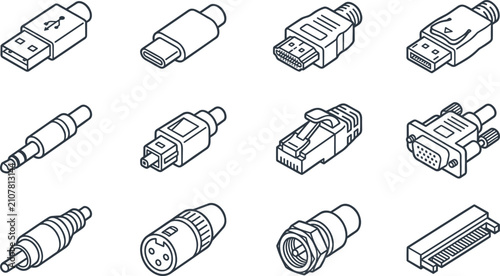 Tablou pe pânză Computer and Audio Video Cable Connector Isometric Line Icon Set with USB Type C