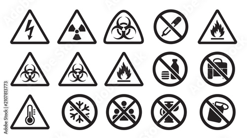 Foto Hazard and danger warning sign set for chemical fire and safety regulations with