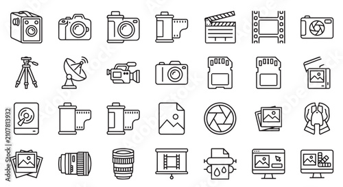 Canvastavla Photography and videography equipment linear icon set for digital media producti