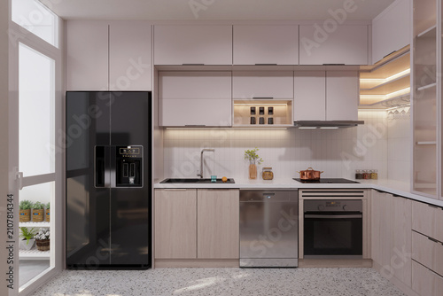 Modern white kitchen cabinet with integrated fridge and dishwasher, minimalist design, high-end feel