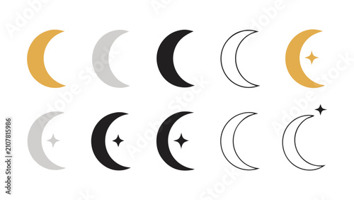 Elegant crescent moon icon set. Minimalist lunar phase symbols for graphic design.