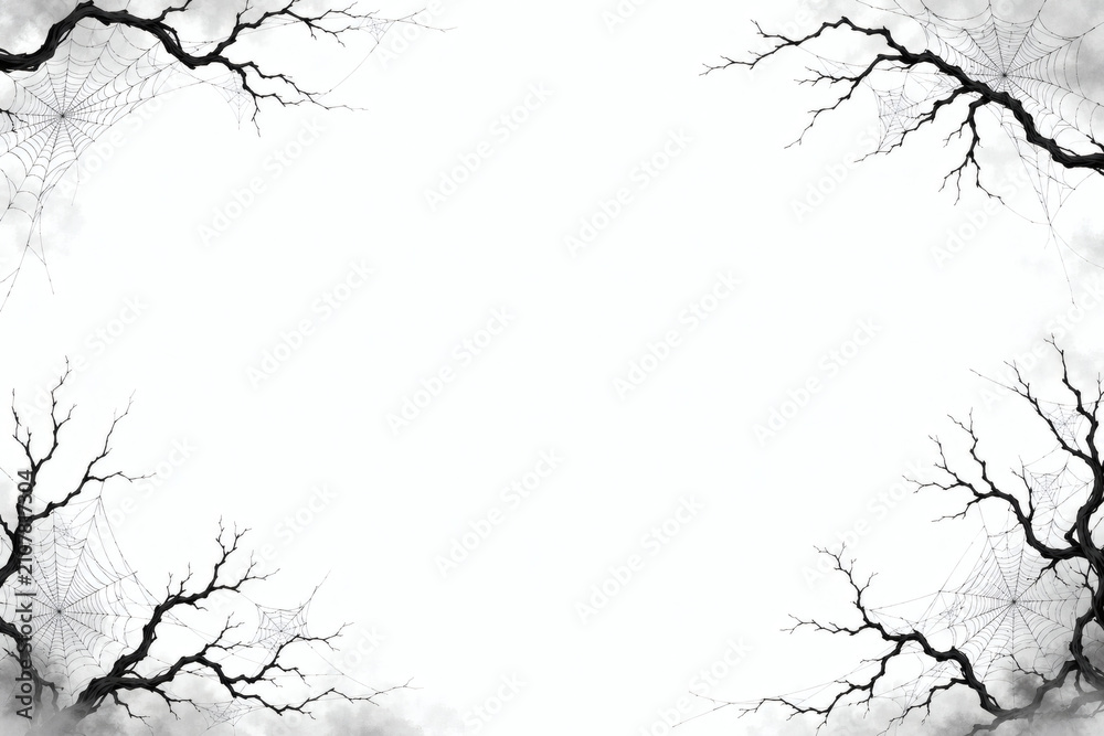 Obraz premium Gothic Branches Border: Silhouetted gothic branches and delicate seed pods frame a stark white space, creating an eerie yet elegant border with a hint of natural decay and dramatic flair.