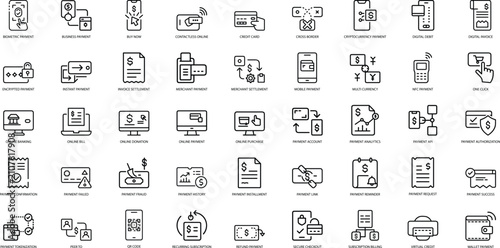 Collection of financial transaction icons representing various payment methods and services