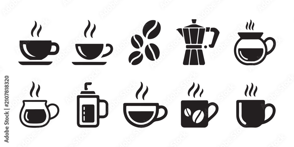Obraz premium Coffee icon collection with steaming cups beans and moka pot isolated on transparent background.