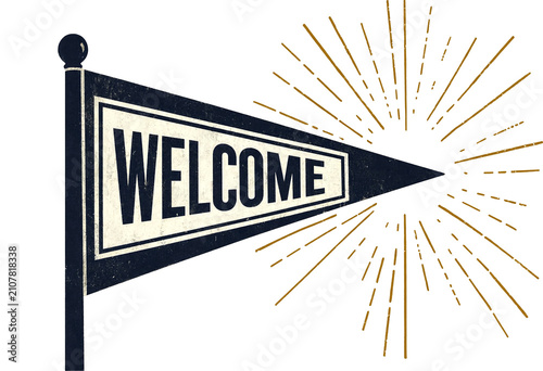 Vintage welcome pennant flag with sunburst rays design perfect for invitations and celebrations