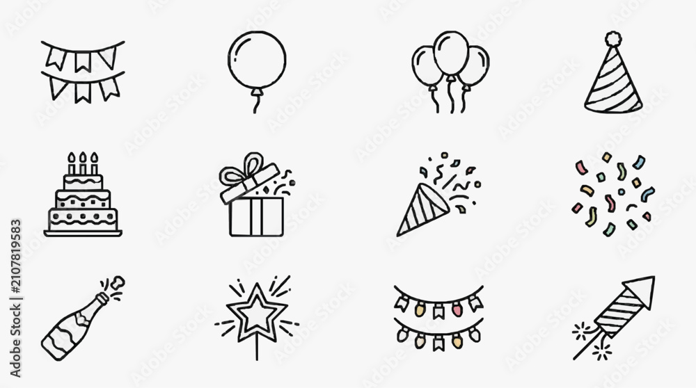 Fototapeta premium Corporate Party Decorations Set Black and White Line Art Illustrations of Balloons Party Hats Cake Gifts Confetti Fireworks and More
