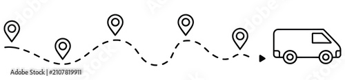 Quadro su tela Fast delivery truck icon representing shipment status package in transit parcel tracking and logistics route with location pin, vector design