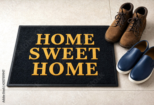 Welcome doormat with home sweet home text placed beside shoes on tiled floor