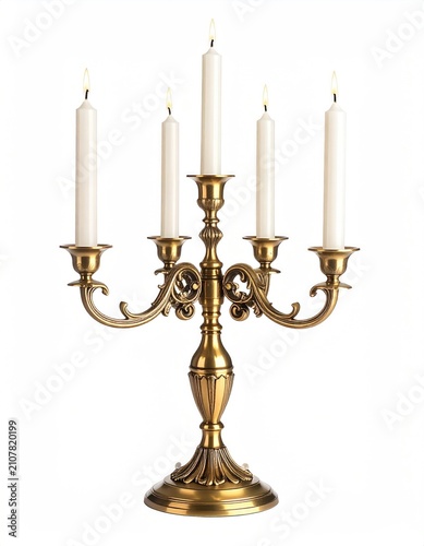 Ornate brass five-arm candelabra holds five lit white tapered candles