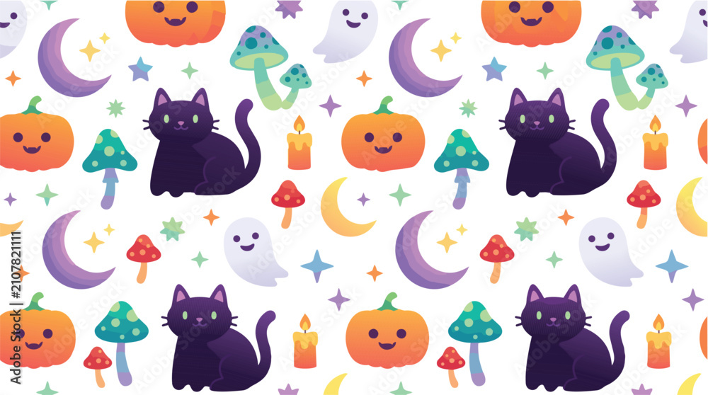 Fototapeta premium Cute Halloween Seamless Pattern with Black Cats and Pumpkins.