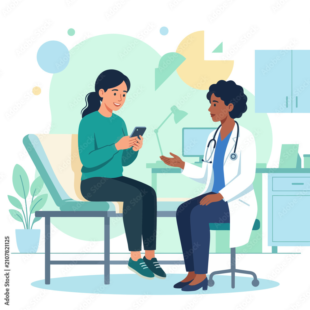 Obraz premium Doctor Consulting Patient in Clinic Room, Vector Illustration of Healthcare Interaction and Technology