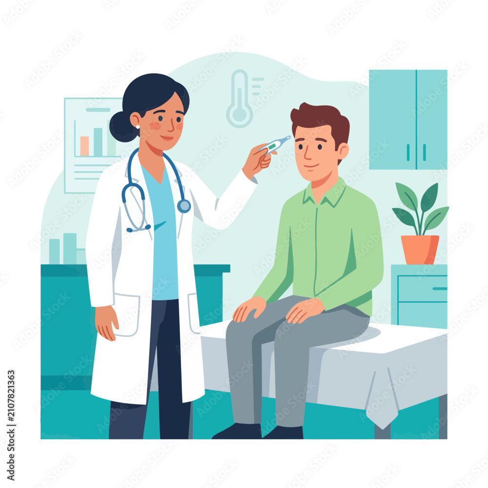 Fototapeta premium Doctor Checks Patient Temperature with Thermometer in Clinic Examination Room