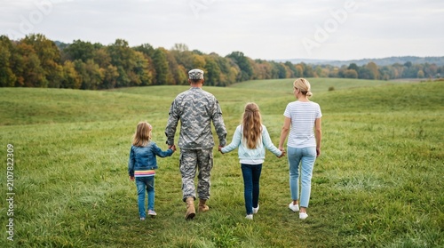 Back view soldier's family walking. Soldier at vacation. Four family members walking together holding hands.
