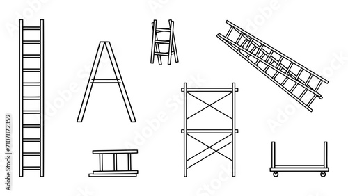Ladders and Scaffolding Structures Line Icon Set for Construction Planning, Safety Diagrams, and Facility Maintenance Concepts