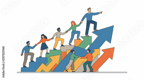 Team members climb upward progress stairs supporting each other
