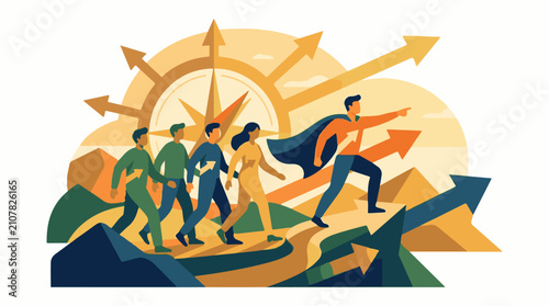Team moves forward towards future with leader pointing the way