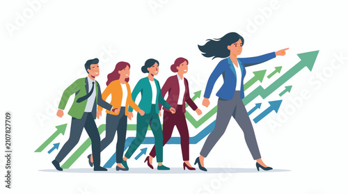 Team of business people marching forward with rising arrows