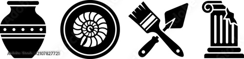 Konstfotografi Archaeology and paleontology icons set featuring clay pottery, fossilized ammoni