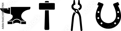Foto Blacksmith tools and equipment icons featuring a traditional metal anvil, heavy