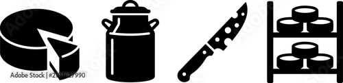 Fotografie Cheese manufacturing and dairy farm icons featuring a wheel with slice, metal mi