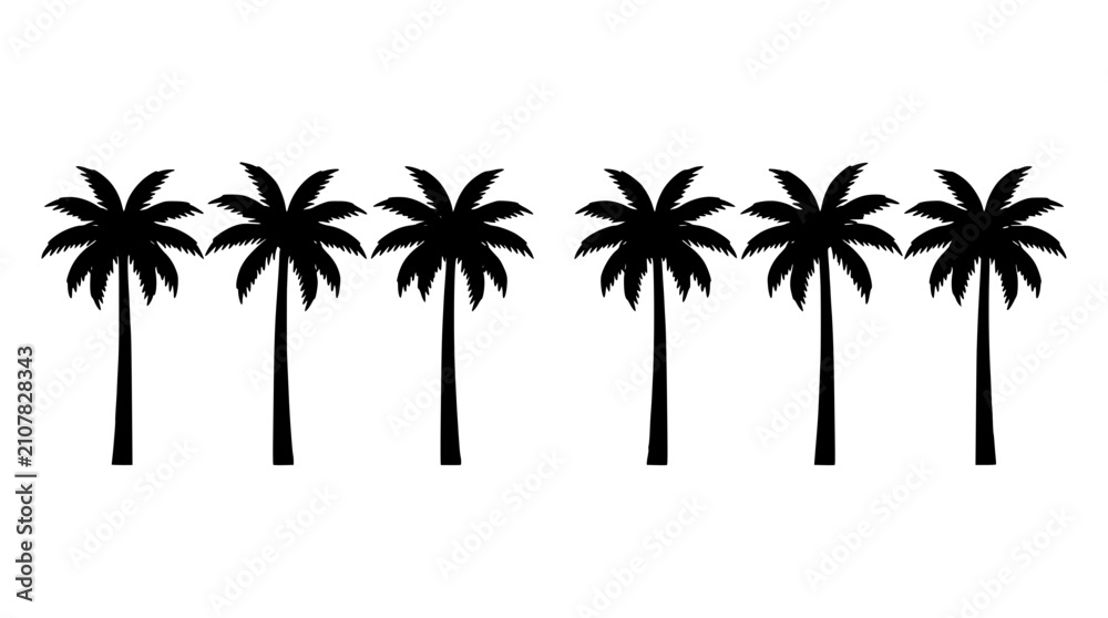 Fototapeta premium Six Palm Trees with Black Silhouettes on a White Background Featuring Tree, Silhouette, Tropical with Beach and Minimalist