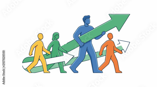 Team of people carrying upward trending arrows