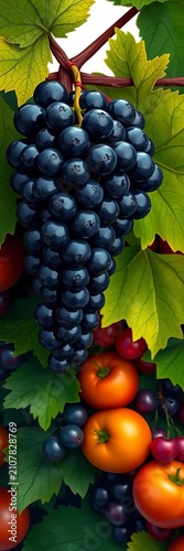 Dark grapes cluster on a lush green vine, surrounded by ripened fruit, against a whimsical illustration of vines and leaves, botanical, whimsy