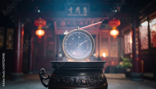Vintage clock in traditional Chinese interior.