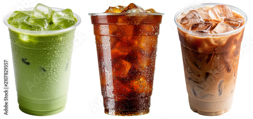 Billede på lærred Refreshing trio of iced beverages, including vibrant green matcha, rich dark coffee, and creamy iced latte