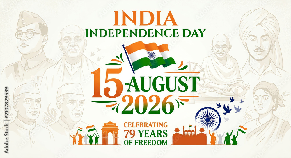 Fototapeta premium India Independence Day 2026 - Celebrating 79 Years of Freedom with National Heroes and Symbols