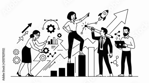 Team planning for business growth with charts gears and rocket