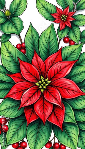 Hand drawn illustration of a bright red poinsettia flower surrounded by green leaves with intricate details, festive, invitation