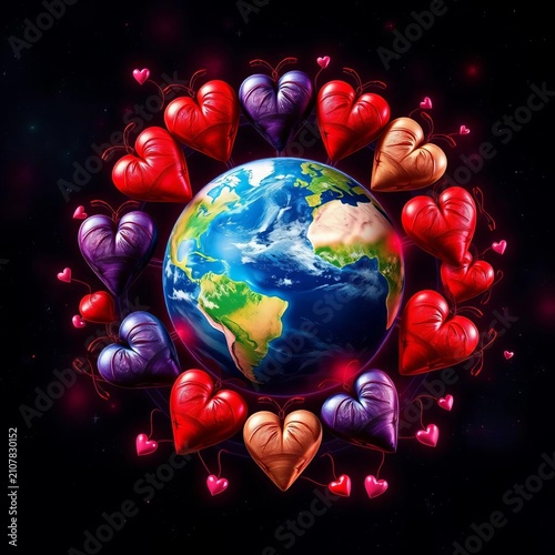 Interconnected hearts forming a circle around the Earth, peace, globe