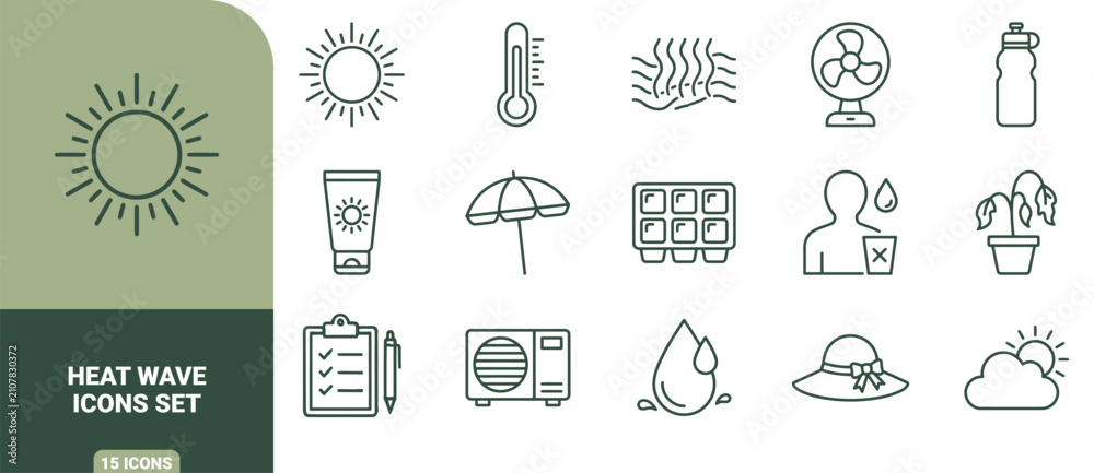 Fototapeta premium Heat wave icons set featuring sun, thermometer, fan, sunscreen, beach umbrella, ice cube tray, air conditioner, water drop, and summer hat symbols