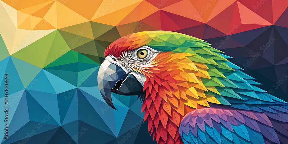 Fototapeta premium Macaw parrot head profile against colorful geometric background