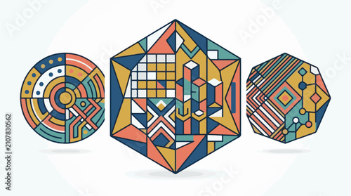 Three abstract geometric shapes with colorful patterns and shadows