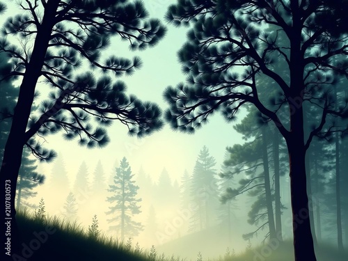 Pine tree silhouette in misty forest landscape, stylized illustration, hand-drawn, forest