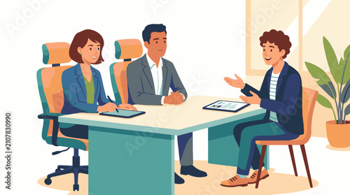 Three people at a desk in an office meeting